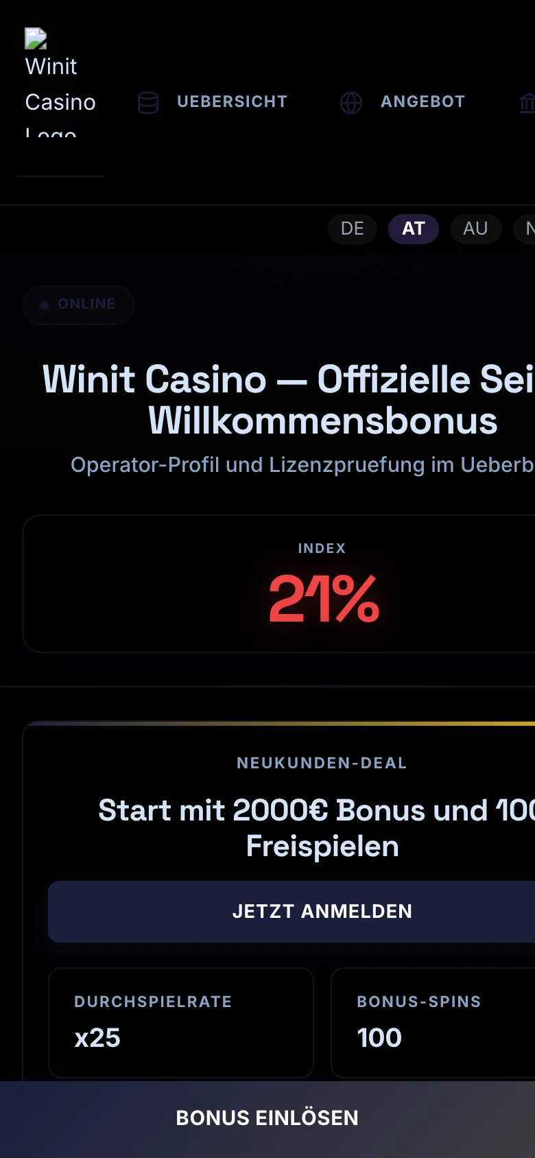 Winit Casino mobile lobby screenshot