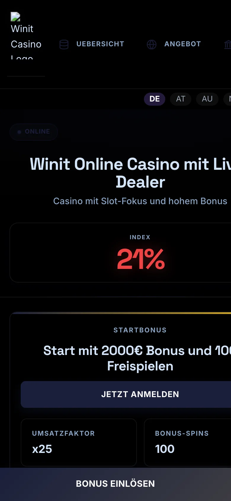 Winit Casino mobile lobby screenshot