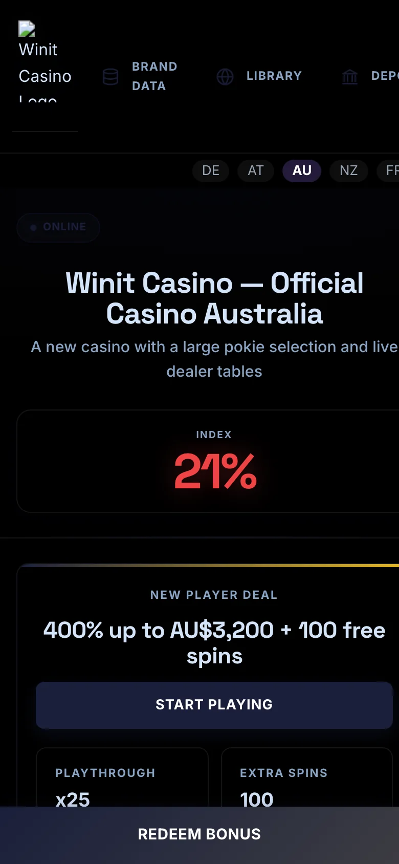 Winit Casino mobile lobby screenshot