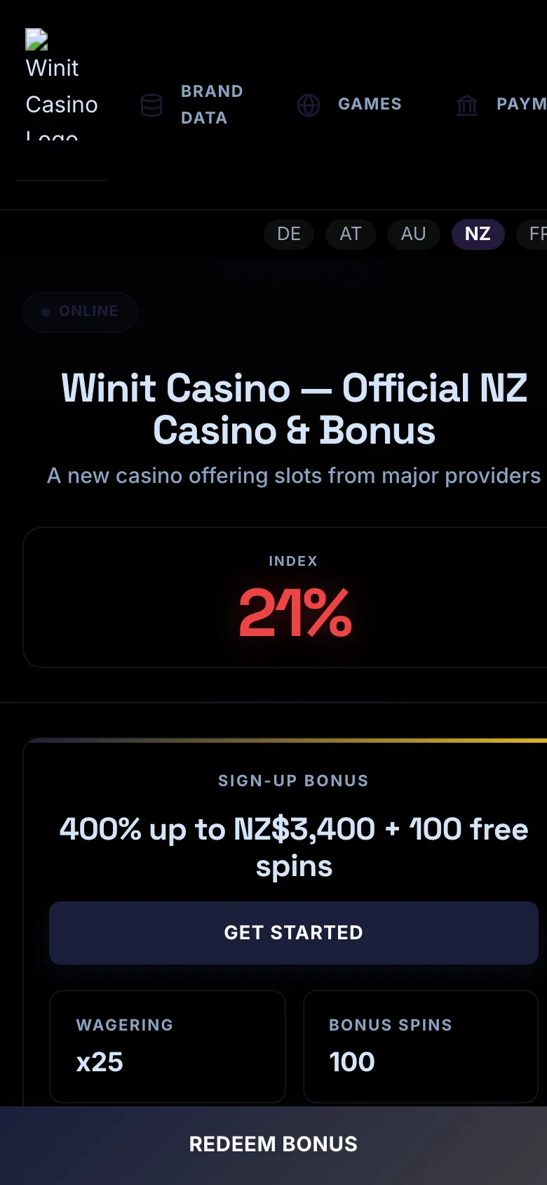 Winit Casino mobile lobby screenshot